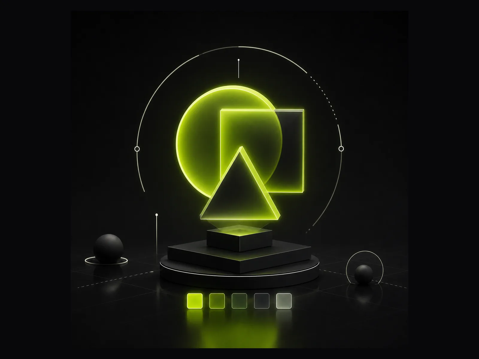 Luminous lime green circle, square and triangle brand marks with a row of colour swatches, on a dark charcoal background