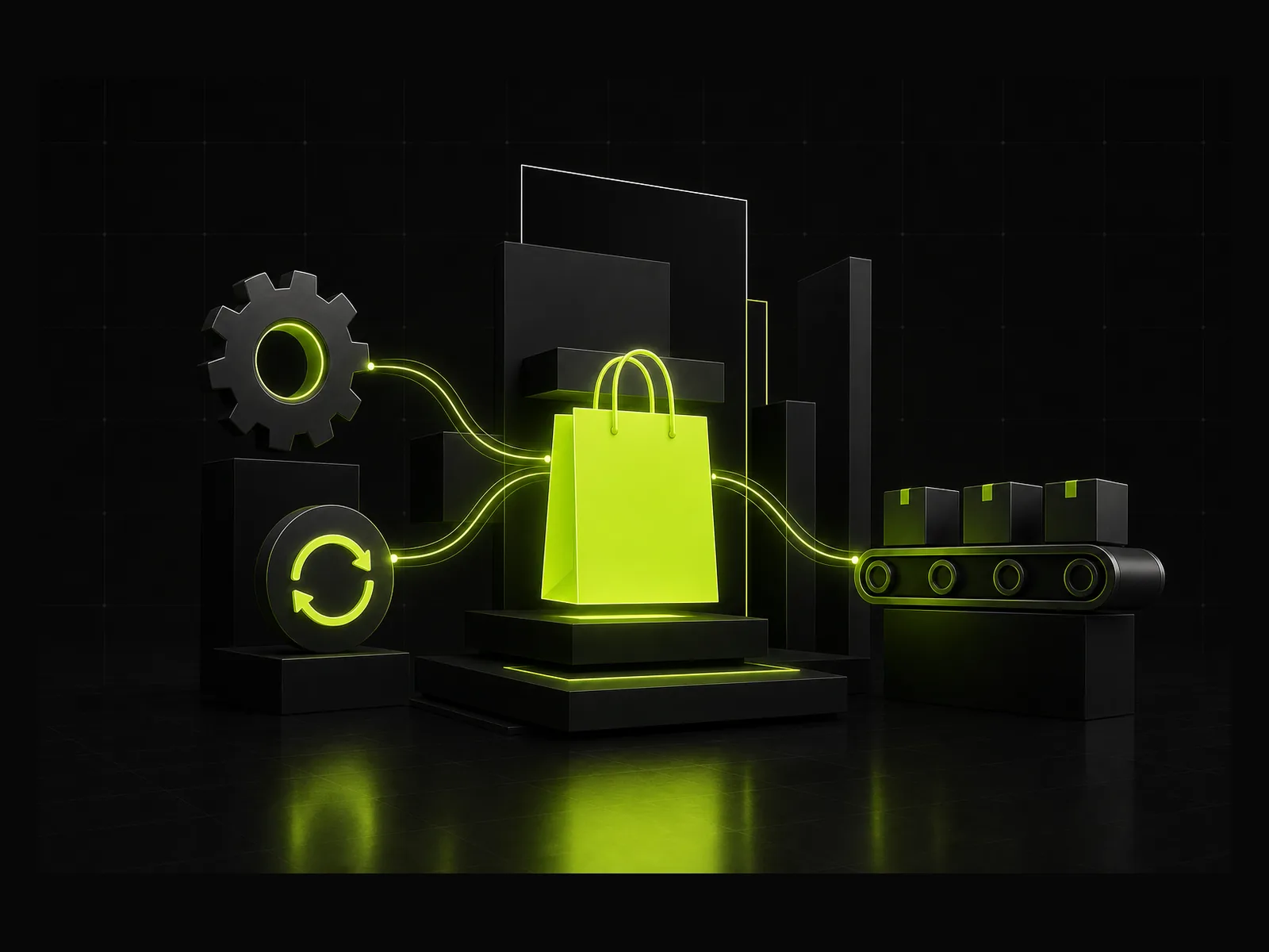 Glowing lime green shopping bag linked by flowing lines to a gear, sync arrows and a conveyor of order boxes, representing automated ecommerce operations, on a dark background