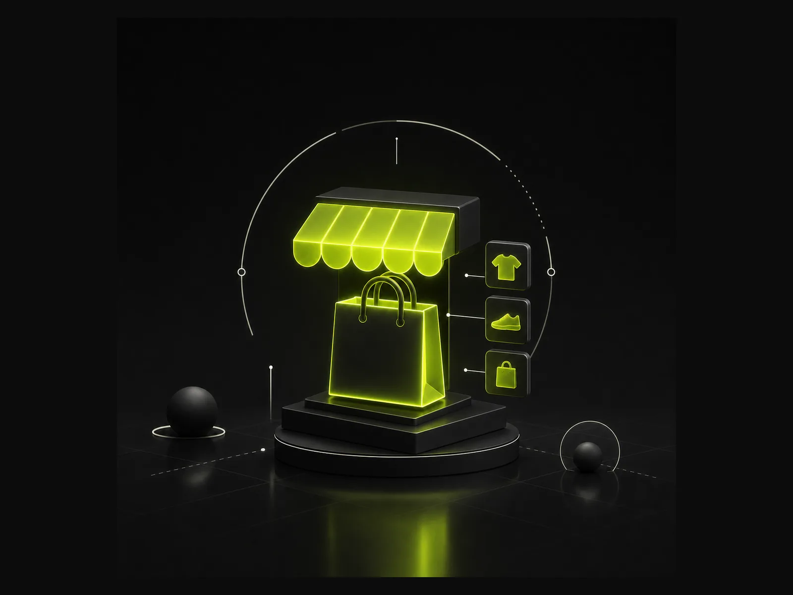 Luminous lime green storefront awning over a glowing shopping bag with floating product tiles, on a dark background