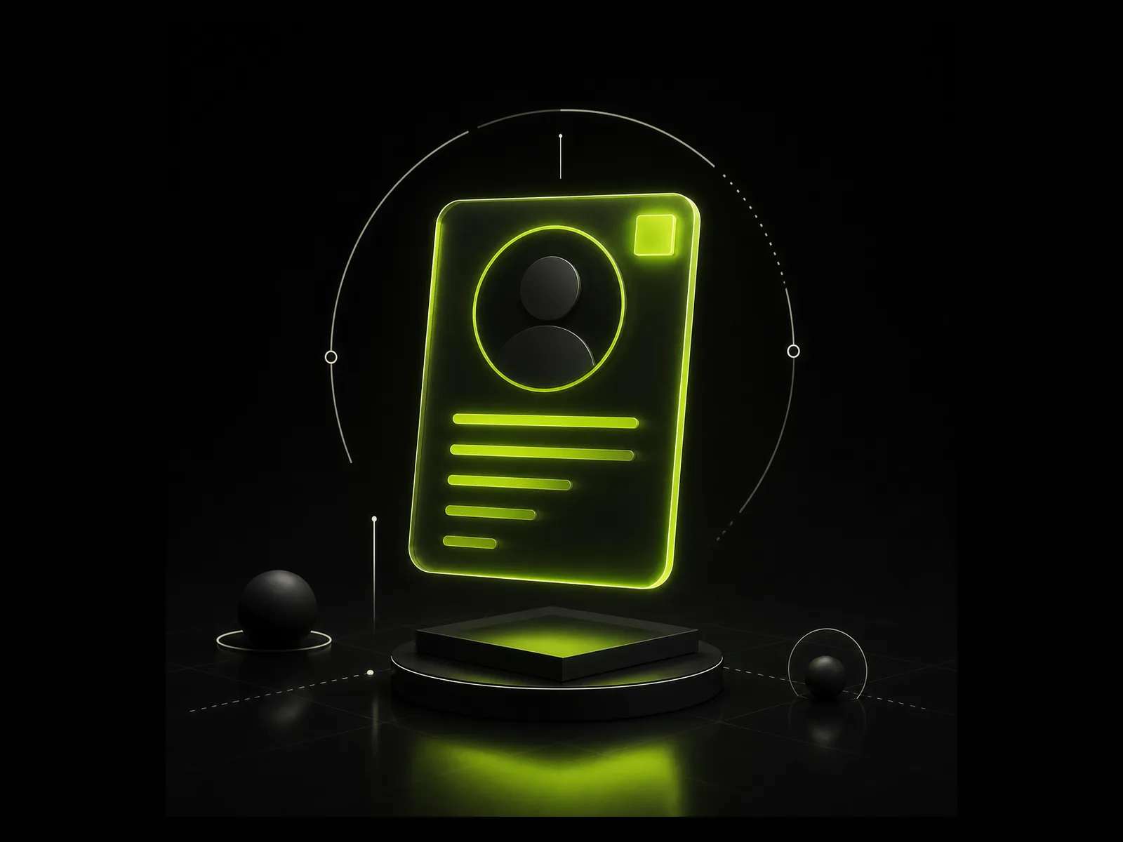 Glowing lime green profile card with an avatar ring and text lines, on a dark charcoal background