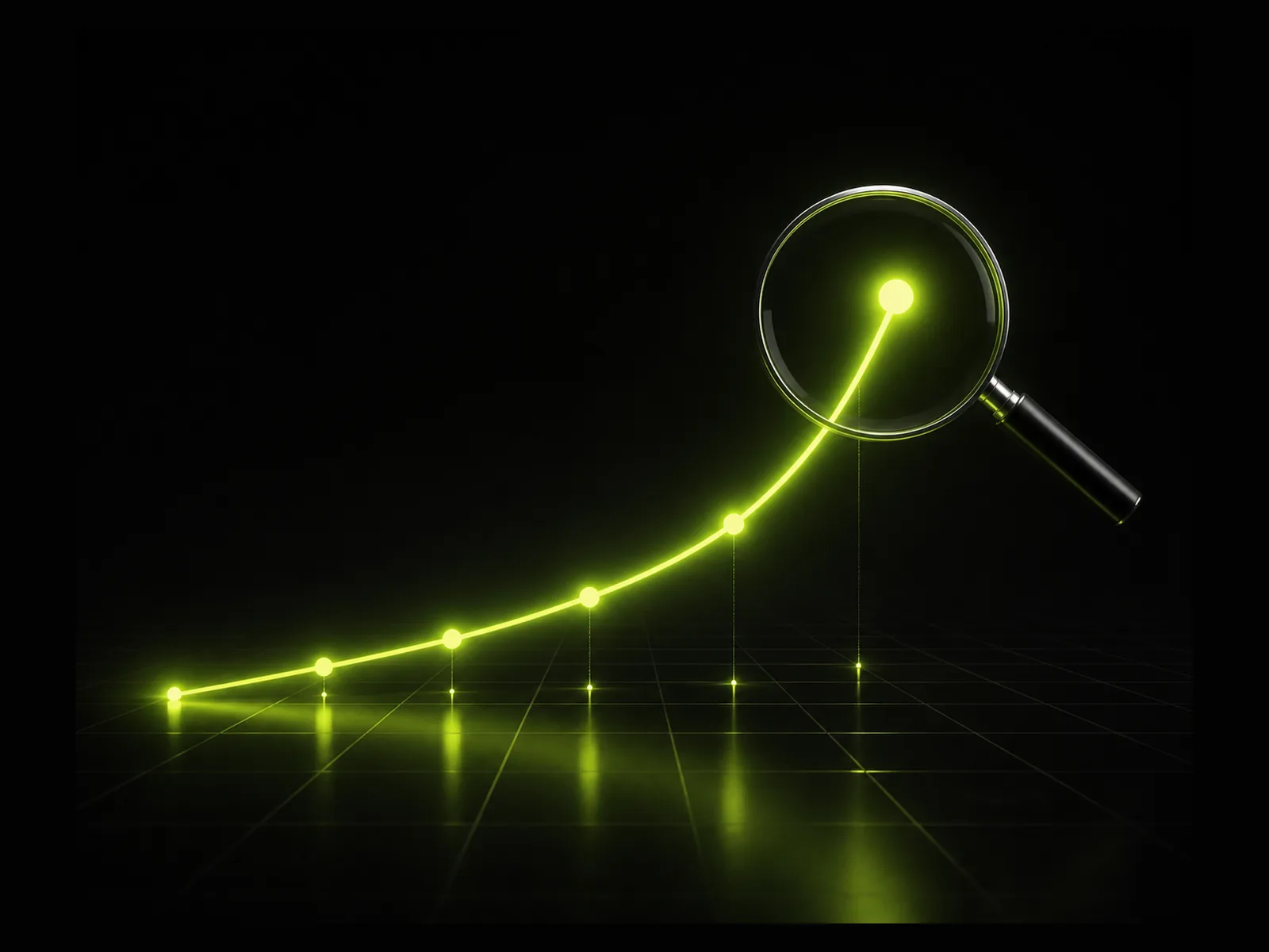 Glowing lime green growth curve climbing across a dark grid with a magnifying glass over the peak