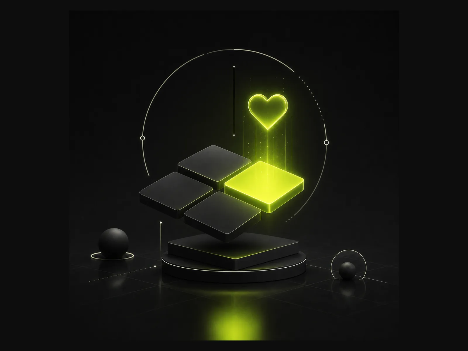 Glowing grid of content tiles with one highlighted lime green and an engagement heart rising, on a dark background
