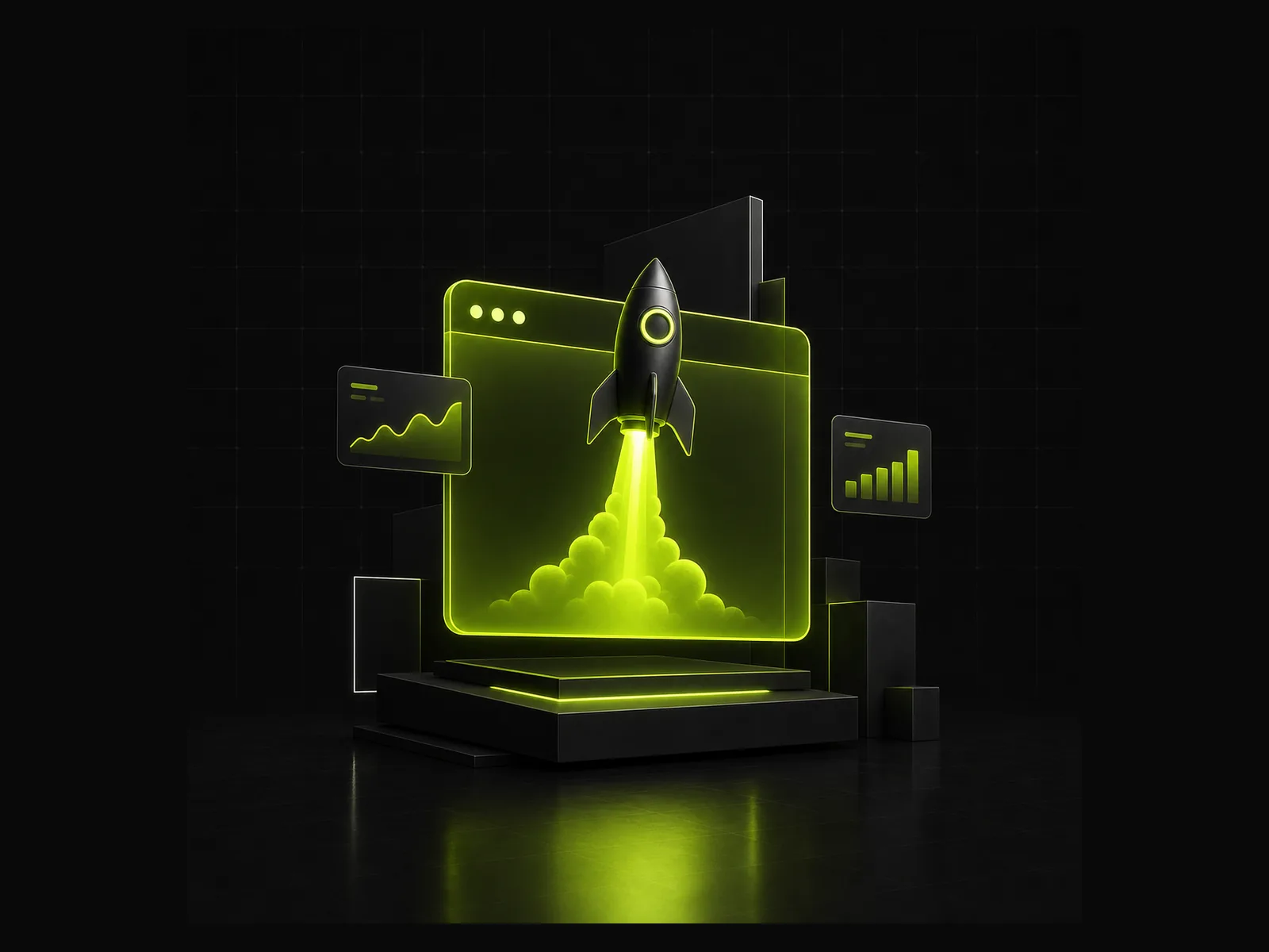 Glowing lime green browser window with a rocket launching upward and floating dashboard cards, representing a fast SaaS marketing site, on a dark background