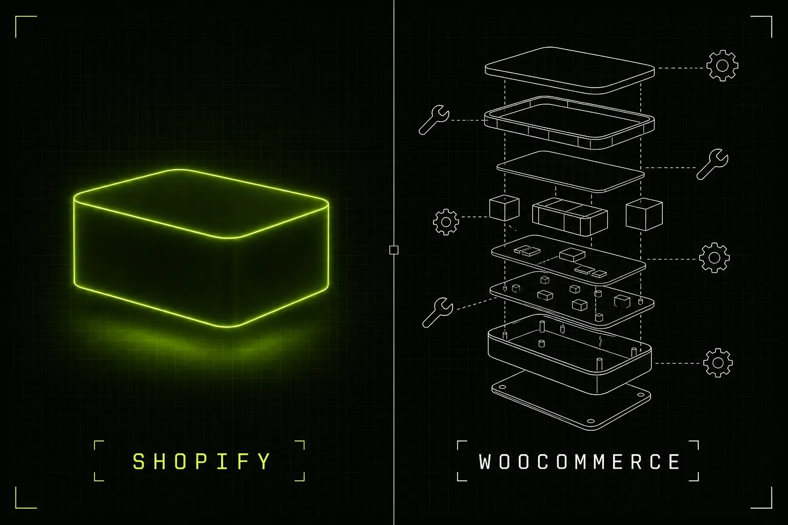 Diagram comparing Shopify as a single sealed managed platform against WooCommerce as an exploded assembly of separately maintained parts
