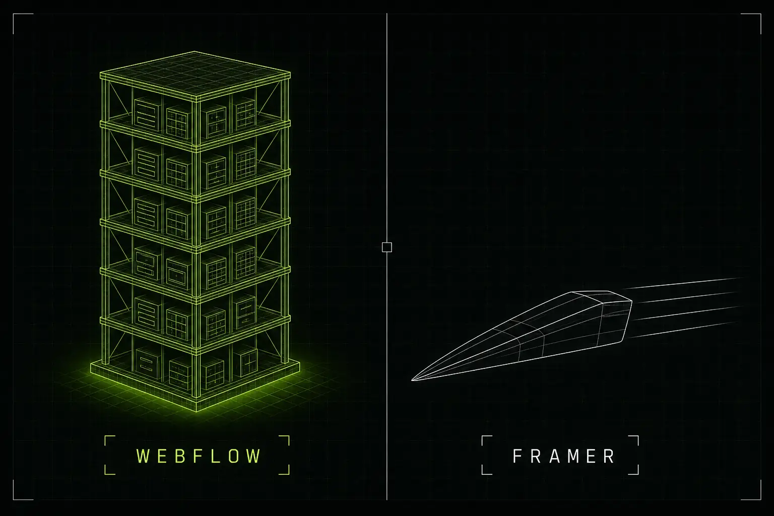 Diagram contrasting Webflow as a deep multi-tier structured framework with Framer as a light streamlined form built for speed