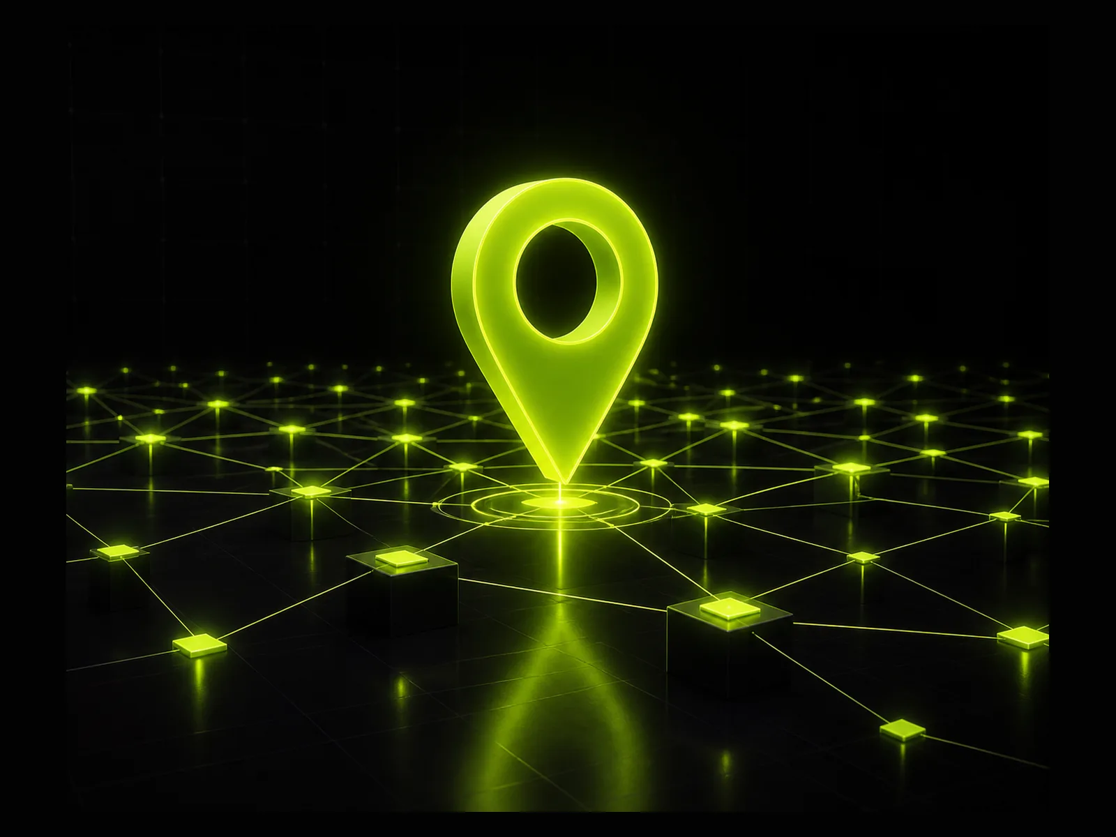 Glowing lime green location pin above a luminous network of connected nodes, representing a Glasgow studio working with remote clients worldwide