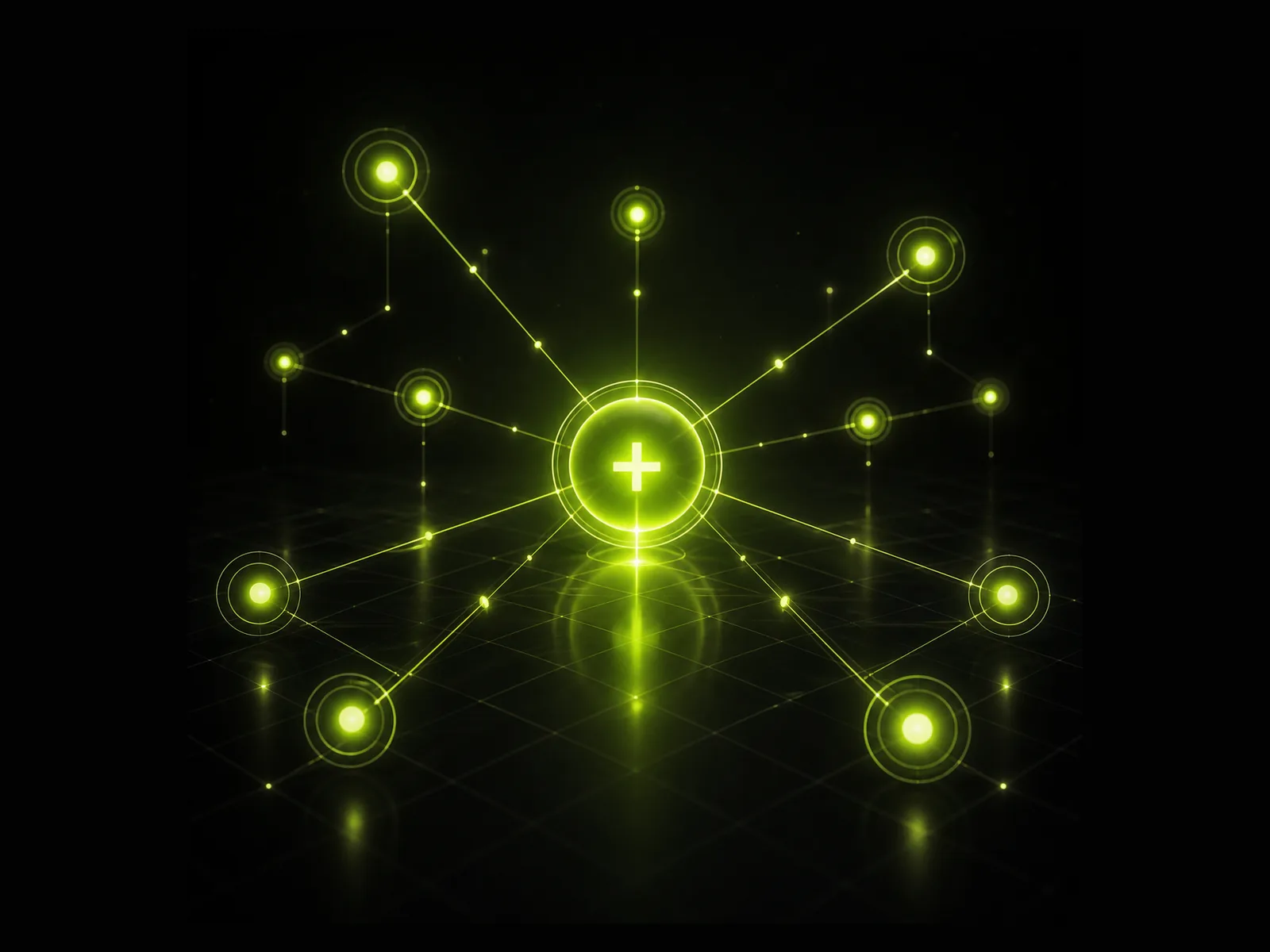 Neon lime green node network converging into a bright central hub, on a dark charcoal background